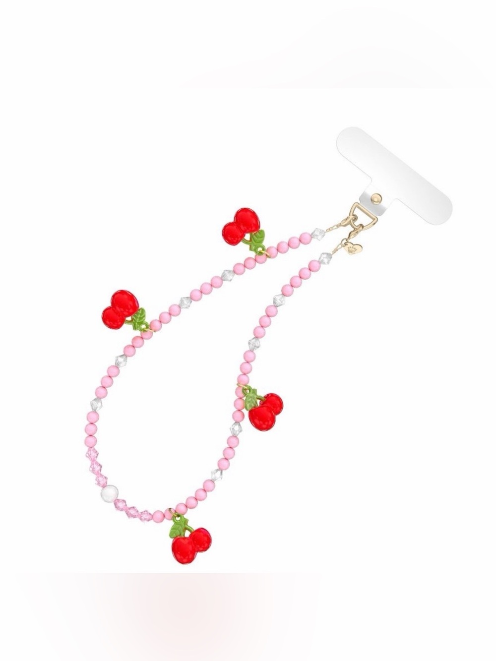 Velvet Caviar Pink Beaded Phone Charm with Red Cherry Accents